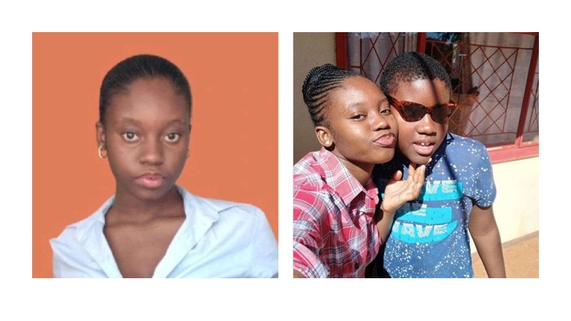 Left: Professional headshot of Katlego, wearing a smart shirt, hair neatly back and a focused expression on her face. Right: Katlego and her brother take a selfie at home on a sunny day, their faces close together.