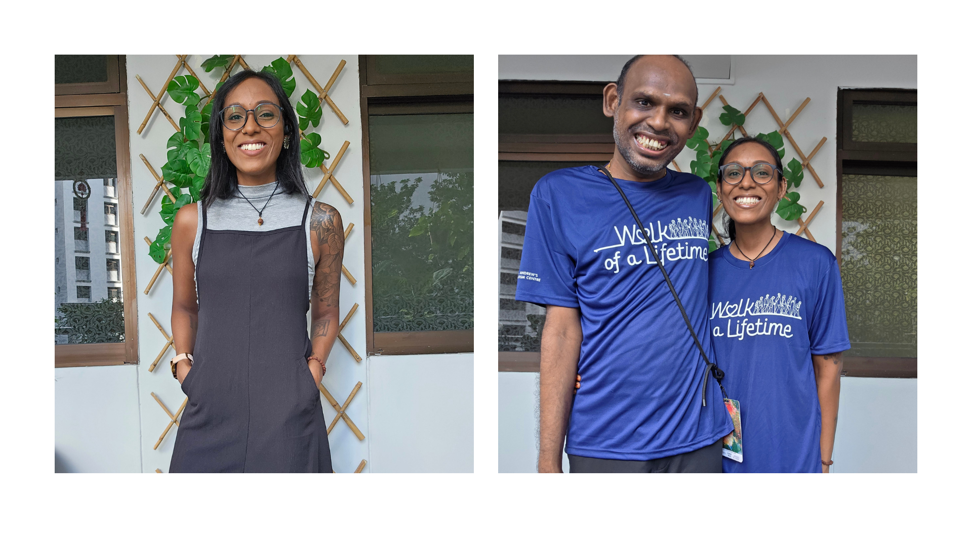 Left: Headshot of Karasi, wearing a smart grey jumpsuit, large glasses and a huge smile. Right: Karasi and her brother Bala stand tightly together, grinning straight at the camera