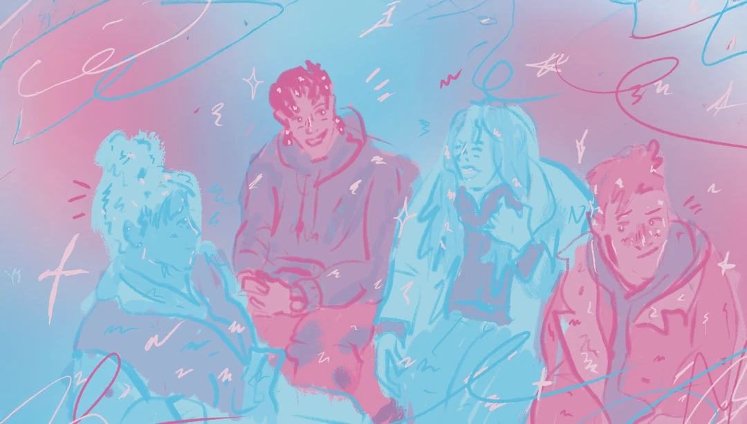 Pink and blue illustration by Kirsty Gregory of four teenagers chatting