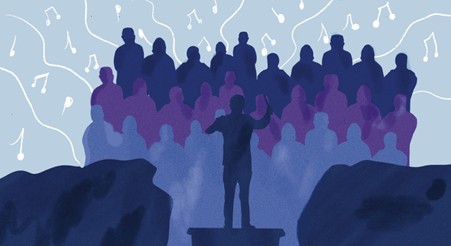 Illustration in midnight blues and purples, of a conductor facing a silhouetted choir.